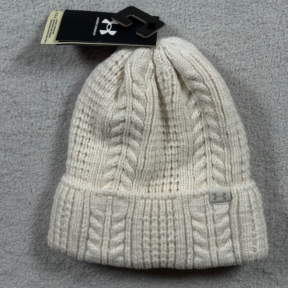 Under Armour Womens Cable Knit Fleece Lined Beanie Hat Cream White 1386639 OSFM
